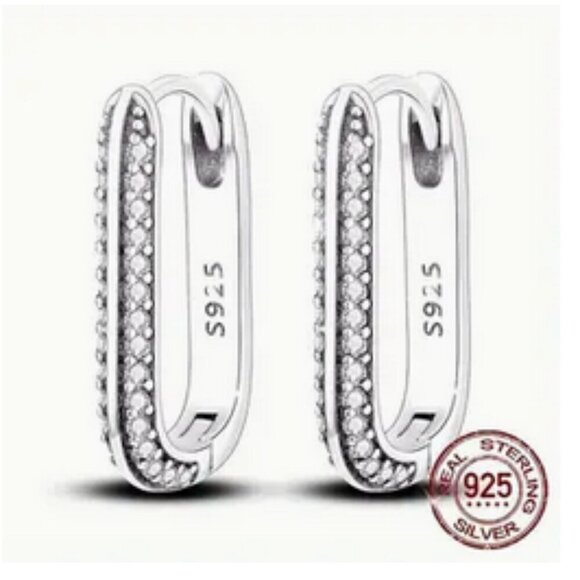 Sterling Silver 925 Medium Hoop Dangle CZ Pave Earrings - Picture 1 of 14